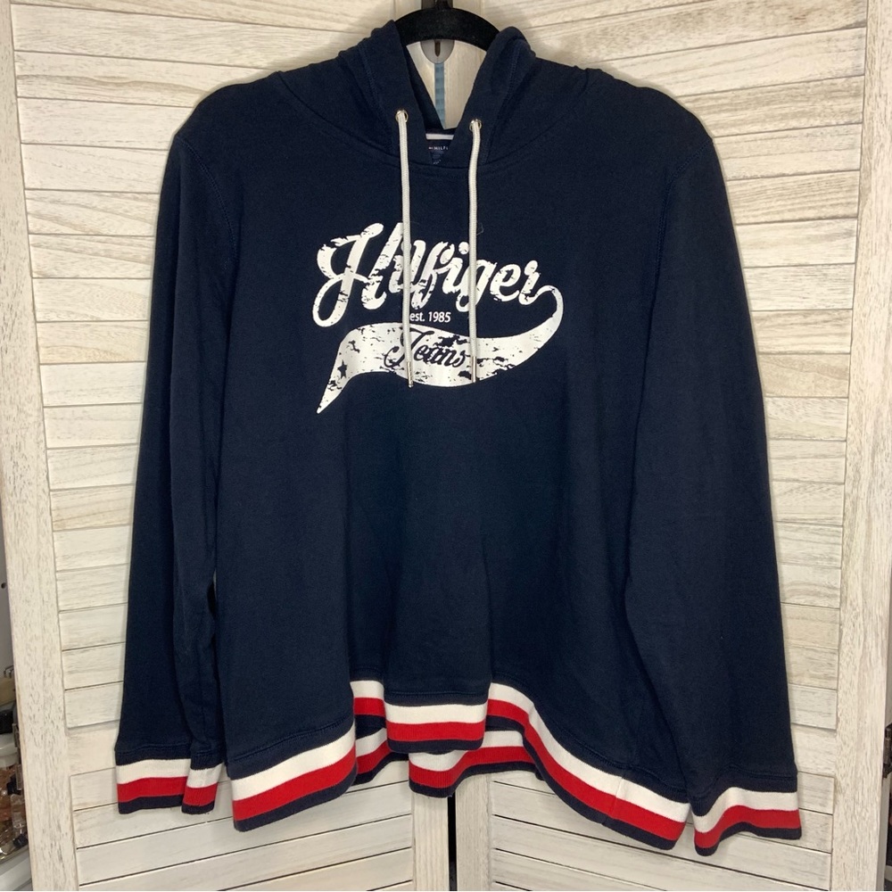 Tommy Hilfiger Retro Logo Navy Red and White Stripe Relaxed Pullover Hoodie